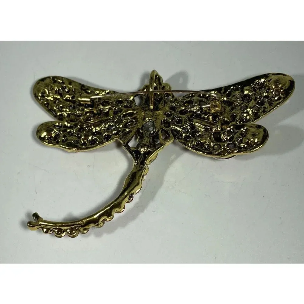 Gold Tone Metal Large Red‎ Rhinestone Dragonfly Brooch Pin Pendant Statement